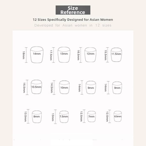 Detailed size guide showing 12 fitting sizes for pink bow heart press-on nails