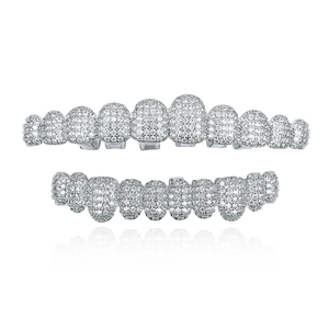 Hiphop silver plated copper teeth grillz set with sparkling cubic zirconia stones