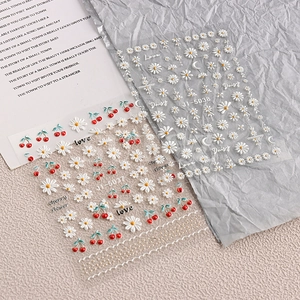 5D embossed cherry and daisy nail art stickers with relief texture for manicures