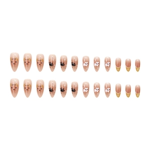 24pcs long almond press-on nails with cute brown bear and cat paw patterns in caramel tones