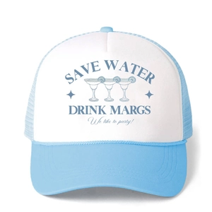 Cappellino trucker bianco e blu con stampa Save Water Drink Margs e rete posteriore