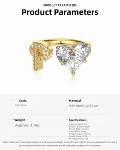 Detail view of S925 sterling silver ring with letter P and heart-shaped zircon inlay