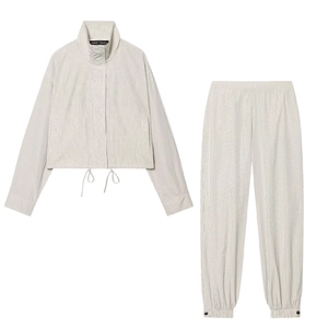 Women Plaid Jacket And Cuffed Pants Outfit Checkered Polyester Stand Collar Drawstring Streetwear Casual Tracksuit