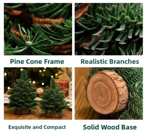 Detail view of mini artificial Christmas trees with pine cone frames and wooden bases