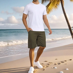 Men's olive green summer sports shorts in a loose fit against a tropical beach backdrop