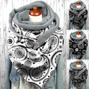Women Button Scarf Neck Warmer Polyester Fleece Lined Winter Warm Outdoor Paisley Snowflake Reindeer Print Scarf Wrap