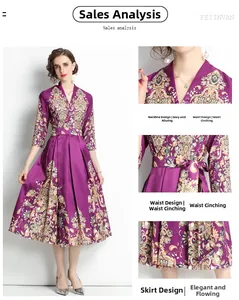 Macro detail of V-neckline and gold baroque floral patterns on purple midi dress