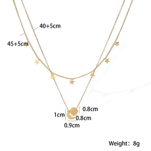 Detailed view of 18K gold plated layered necklace showing star and moon pendant dimensions