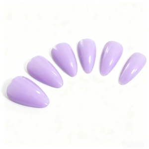 Glossy lavender purple stiletto artificial nails in long almond shape with shiny finish