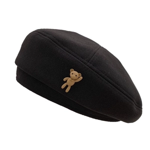 Classic black wool beret with cute brown 3D teddy bear doll for autumn and winter