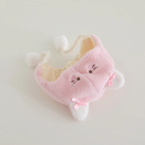 Pink plush baby winter trapper hat with cute cat ears and pom-pom ties for warmth