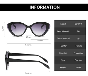Detailed size specifications for cat eye sunglasses with purple gradient lenses
