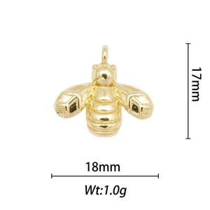 Detail view of 18k gold plated bee pendant with dimensions 17mm by 18mm and 1.0g weight