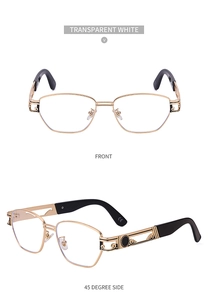 Front and side view of steampunk small square sunglasses in gold and transparent white