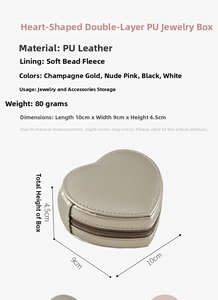 Detail view of heart-shaped PU leather jewelry box showing dimensions 10x9x4.5cm