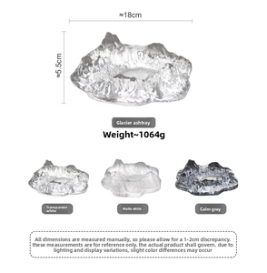 Detail view of glacier glass ashtray showing dimensions 18x5.5cm and three color options