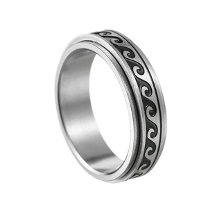 Spinner stainless steel ring with black wave engraving in silver finish for stress relief