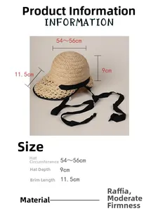 Size chart for beige raffia straw lolita hat with 11.5cm wide brim and ribbon ties