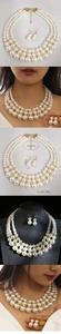 Detailed view of multi-layer pearl necklace and earrings set with size measurements