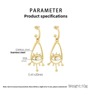 Detailed product dimensions for gold hollow teardrop evil eye pearl earrings in steel