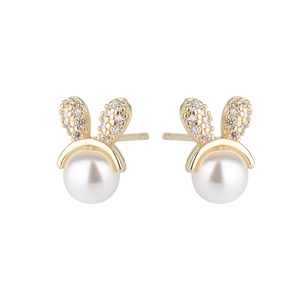 Cute bunny pearl stud earrings in gold with sparkling zircon stones for women