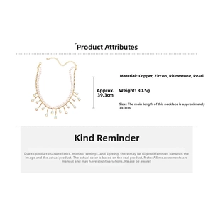 Detail view of double-layer necklace showing zircon teardrops and polished white pearls
