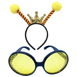 Detail of honeybee party set featuring a crown headband with antennae and honeycomb glasses
