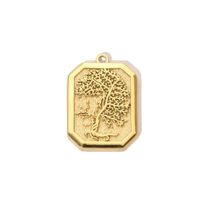 Detail of 14K gold plated rectangular pendant with embossed tree of life and textured frame