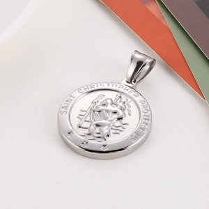 Silver Saint Christopher pendant necklace in stainless steel with religious engraving