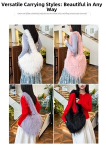 Detailed views of fluffy faux fur heart bags in white, pink, purple, and black colors