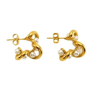 French style 18K gold plated stainless steel irregular hoop earrings with white pearls