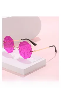 Detailed macro view of pink octagonal rimless sunglasses with spider web lens patterns