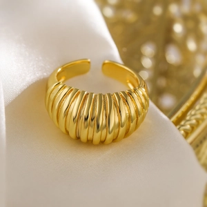 Irregular geometric textured gold open ring with a pleated architectural design