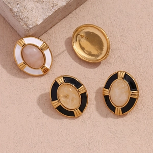 Vintage 18K gold plated stainless steel oval earrings with natural stone inlays