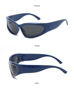 Front, 45-degree side, and back views of wraparound cycling sports sunglasses