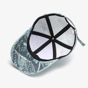 Blue and white marble pattern baseball cap showing internal 6-panel structure and metal buckle