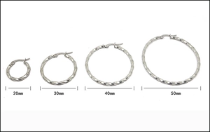 Size comparison of four twisted stainless steel hoop earrings in 20mm to 50mm diameters