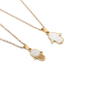 Golden Hamsa Hand necklaces in stainless steel with sparkling white crystal inlay set
