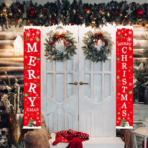 Red Merry Christmas porch banners with festive snowflake and snowman illustrations