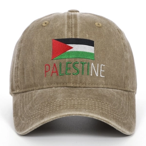 Detailed embroidery of Palestine flag and text on khaki washed cotton baseball cap