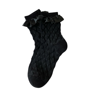 Lolita style black diamond mesh socks with elegant ruffle lace trim for women