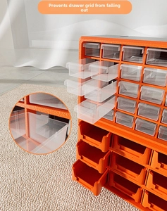 Detailed close-up of the anti-drop drawer slot design on the orange parts storage box