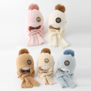 Kinder Winter Ohrenschutz Mütze Und Schal Warm Plüsch Strick Bommel Buchstaben Aufnäher Für Jungen Mädchen