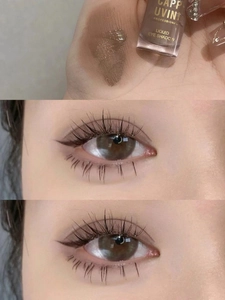 Three-panel view of matte liquid eye shadow showing product bottle and eye makeup application