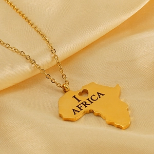 Gold African map pendant necklace with I Love Africa engraving on silk background