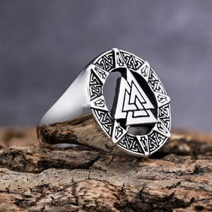 Nordic Viking Valknut ring in vintage silver stainless steel with geometric hollow patterns