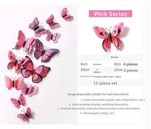 Macro detail of 12-piece 3D pink butterfly wall stickers showing 6-12cm size specifications