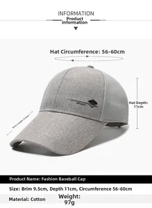 Detaillierte Maße der grauen atmungsaktiven Mesh-Baseballkappe mit 9.5cm langem Schirm