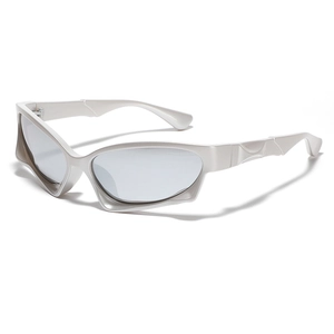 Y2K futuristic sports sunglasses with silver metallic frame and light blue lenses
