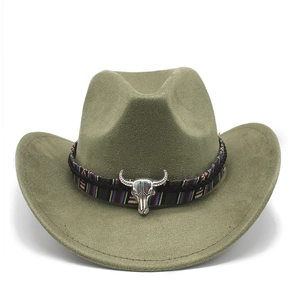 Detailed shot of olive green western cowboy hat with ethnic band and silver bull skull